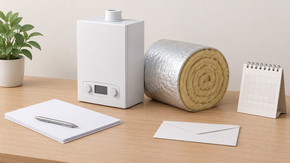A small model of a wall-mounted combi boiler sits on a table beside a roll of loft insulation, with blank application paperwork, a plain envelope and a calendar page nearby, suggesting a funded boiler-and-insulation package rather than a boiler alone.