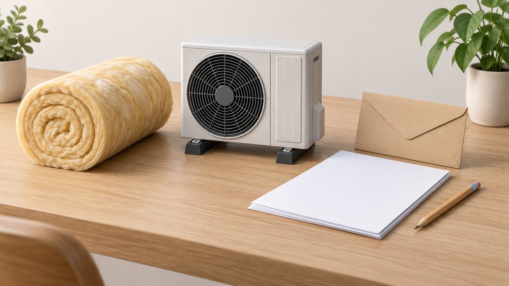 A small model of an air source heat pump outdoor fan unit stands on a table beside blank application paperwork, a sealed envelope, a pencil and a rolled section of loft insulation, all arranged on a plain domestic tabletop.
