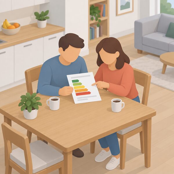 Two householders sit together at a kitchen table at home, one holding a printed energy performance certificate sheet with a plain colour band marking the rating, while the other points at it, with the home's living space simply suggested around them.