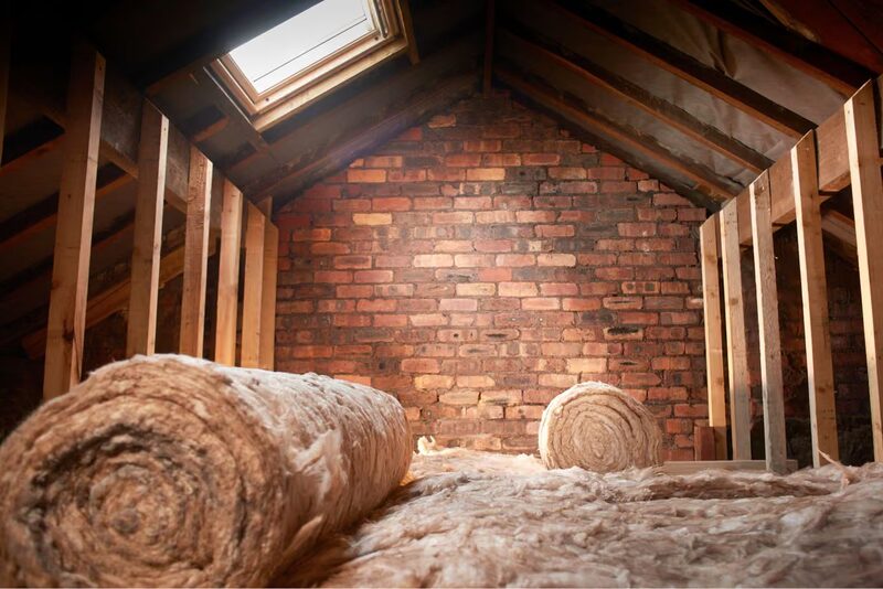 Rolls of mineral wool loft insulation laid in an unfinished loft with a brick gable wall and a roof window