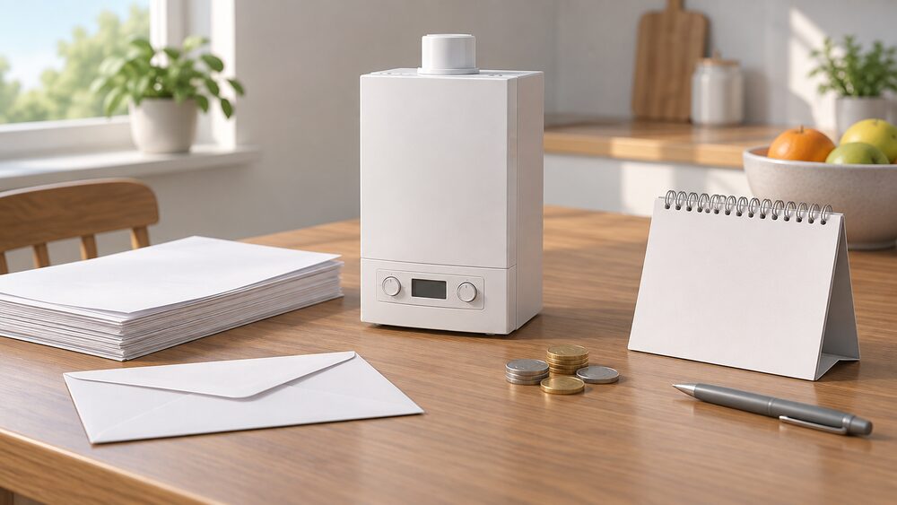 A small model of a wall-hung gas boiler sits on a kitchen table beside a stack of blank paperwork, a blank calendar page, an envelope and a few coins, suggesting the waiting and paperwork around a funded boiler replacement.