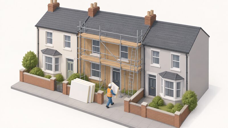 A terraced house with scaffolding along its front wall and a stack of insulation boards leaning against a low barrier outside, while a simplified figure in plain workwear carries a board toward the entrance, with no heating equipment yet in sight.