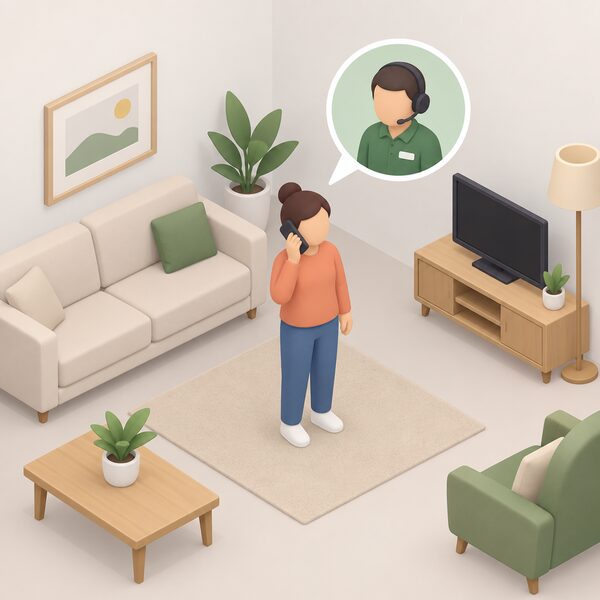 A householder at home speaking on the phone to an approved ECO4 supplier at the application stage, shown as a simplified isometric figure in a plain living room with a phone in hand, before any survey visit or installation booking has been made.