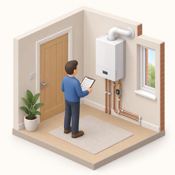 A small isometric figure stands in a home beside a newly installed wall-mounted boiler with its pipework and flue complete, holding a clipboard of handover paperwork while the finished, commissioned installation waits ready for use.