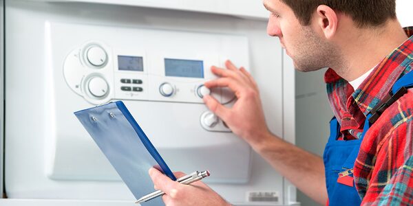 An engineer in blue overalls holding a clipboard while adjusting the controls of a wall-mounted white boiler