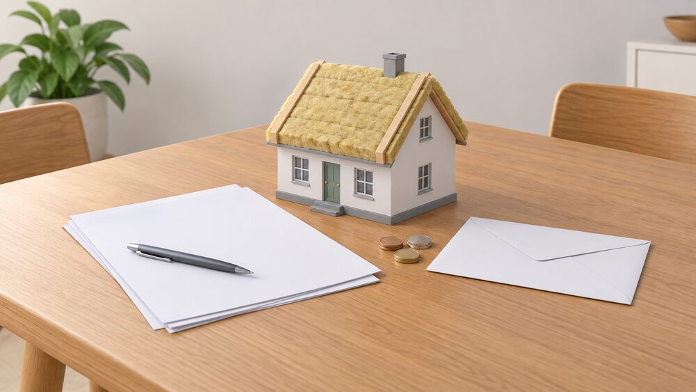A kitchen table with blank application paperwork, a plain envelope, a few coins and a small model of a house with a thick layer of insulation on its roof, arranged as a household working out whether it qualifies for funded energy efficiency improvements.
