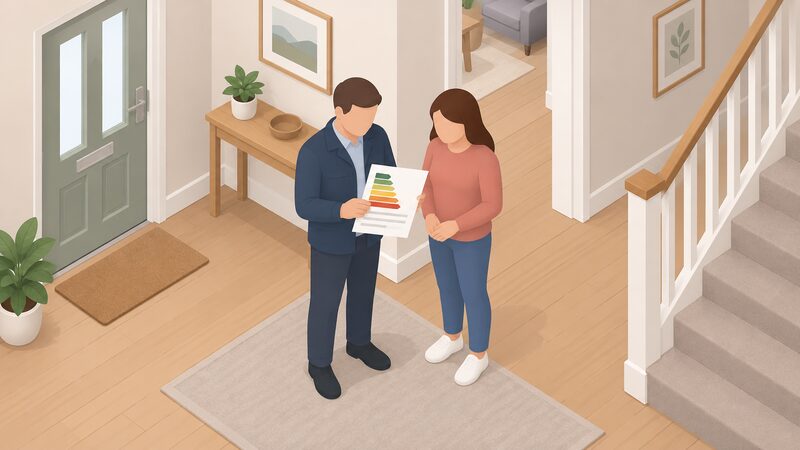 A surveyor and a householder stand together inside a home's hallway, the surveyor holding a printed Energy Performance Certificate sheet while both look at it, with the house's plain interior around them and no equipment being installed.
