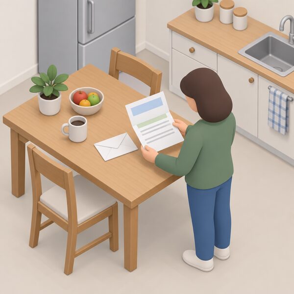 A plain envelope and a folded benefit award letter lying open on a kitchen table, its content shown only as blank lines and plain colour bands, with a simple isometric figure standing beside the table holding the letter.