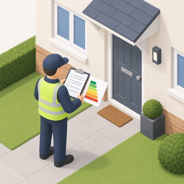 An approved installer stands outside a house at the front door with a clipboard, surveying the property, with a small EPC rating chart sheet and a list of proposed measures shown as blank-lined documents in hand, confirming the home's rating before any work proceeds.