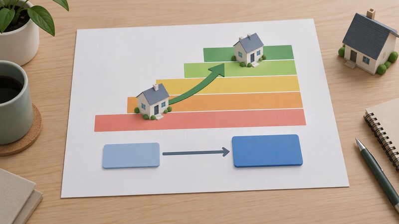 A printed diagram sheet showing a simplified house moving by an arrow from a lower plain colour band into a higher band, with a deemed partial score block feeding along a line into a full project score block, all content as blank colour bands and plain blocks.