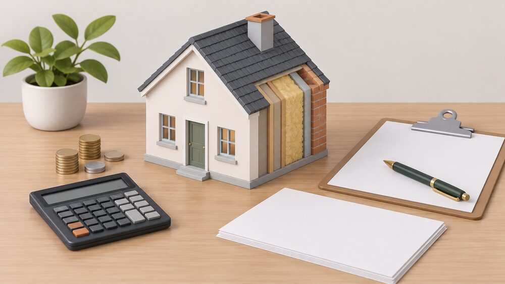 A small cutaway model of a house showing wall insulation sits on a desk beside blank assessment paperwork, a clipboard with a pen, a calculator and a few coins, arranged as the moment a household's improvement project is scored and funded.