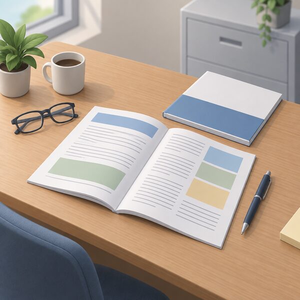 A printed official guidance document lying open on a wooden desk, its pages showing plain colour bands and blank lines instead of readable text, beside a closed second document, with a pen and a pair of reading glasses resting nearby.