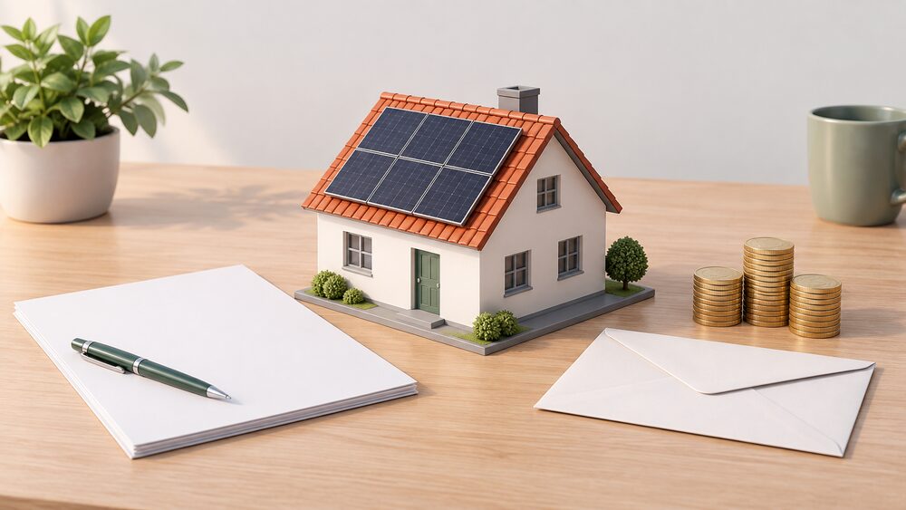 A small model house roof with dark solar panels mounted on it sits on a table beside blank application paperwork, a sealed envelope and a small stack of coins, all lit by daylight.
