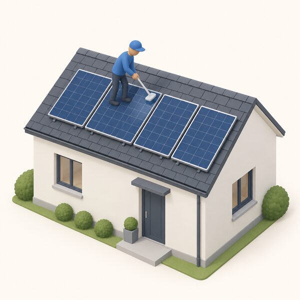 A simplified figure on a house roof, standing beside a row of roof-mounted solar panels and cleaning one panel by hand with a soft brush and cloth, showing the routine maintenance cost of a self-funded system.