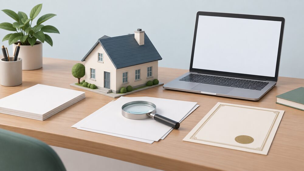 A small model of a house sits on a table beside blank paperwork and a certificate, with a laptop showing a blank screen and a magnifying glass resting on the papers, suggesting a householder checking a register before work begins.
