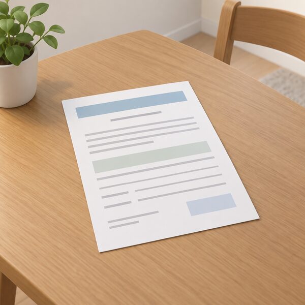 A single certificate of lodgement document lying flat on a plain table in a home setting, drawn as a physical paper sheet with its content shown only as blank lines and plain colour blocks so nothing readable appears, with no other equipment or people in the scene.
