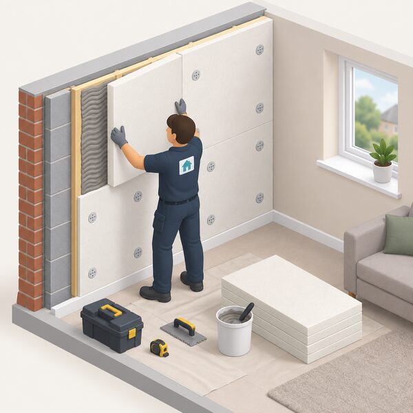 A TrustMark-registered installer in work clothing fitting insulation boards to the inside of an external wall of a UK home, with a small registration badge on their clothing, working carefully to quality standards inside the room.