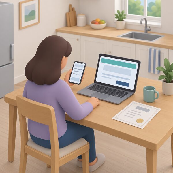 A householder at a kitchen table holding a phone showing an installer's registration number as blank lines, comparing it with a laptop screen displaying the TrustMark register search page as plain colour blocks, with a doorstep certificate card set aside nearby.