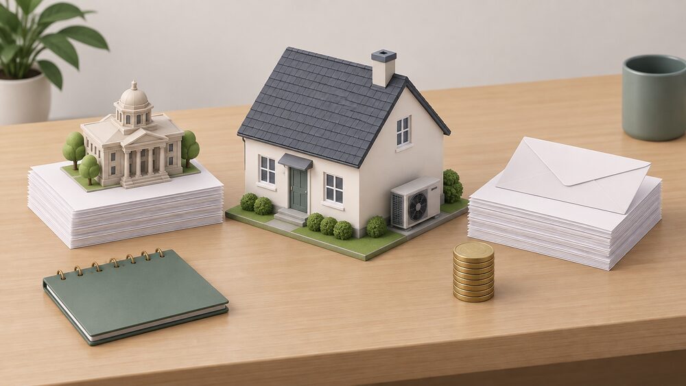 A small model of a detached off-gas-grid house with a heat pump unit at its side sits on a table beside two separate stacks of blank paperwork, one accompanied by a council-style civic building model and the other by a supplier-style envelope, with a coin stack and a closed calendar nearby.