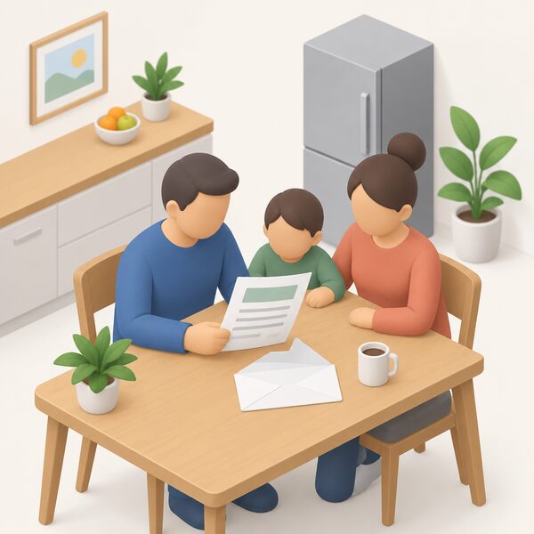 A simplified isometric household at a table opening a plain envelope containing a letter about scheme eligibility, its content shown only as blank lines and plain blocks, with a small figure holding the sheet.