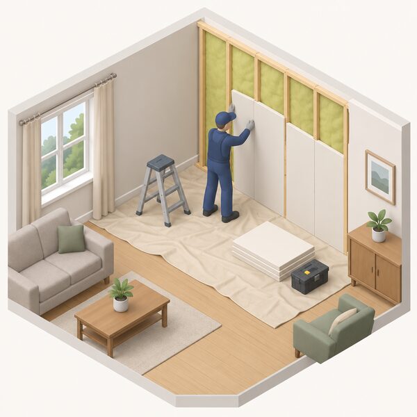 A simplified isometric installer in plain workwear fitting wall insulation inside a home's living room, representing a supplier's installer network delivering an energy efficiency measure, with the householder's furniture pushed aside and dust sheets protecting the floor around the work area.