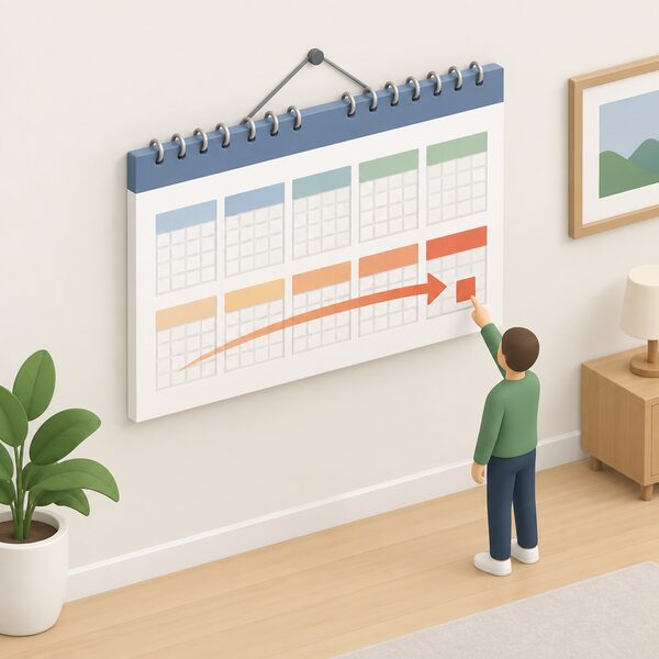 A wall calendar on a plain interior wall with a marked final month at its end, an arrow sweeping across the later months to show the scheme being extended, with a small isometric figure pointing at the marked end date.
