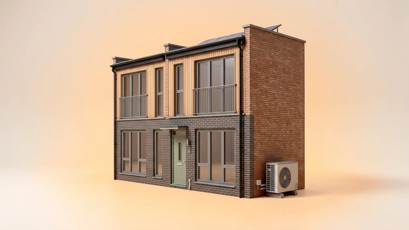 A 3D render of a modern two-storey terraced house with an air source heat pump unit on the side wall and solar panels on the roof