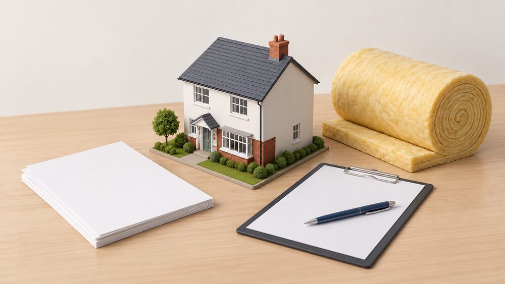 A small cutaway model of a house sits on a table beside blank application-style paperwork, a clipboard with a pen, and a roll of loft insulation, suggesting a whole-house retrofit being arranged through a scheme rather than a single measure.