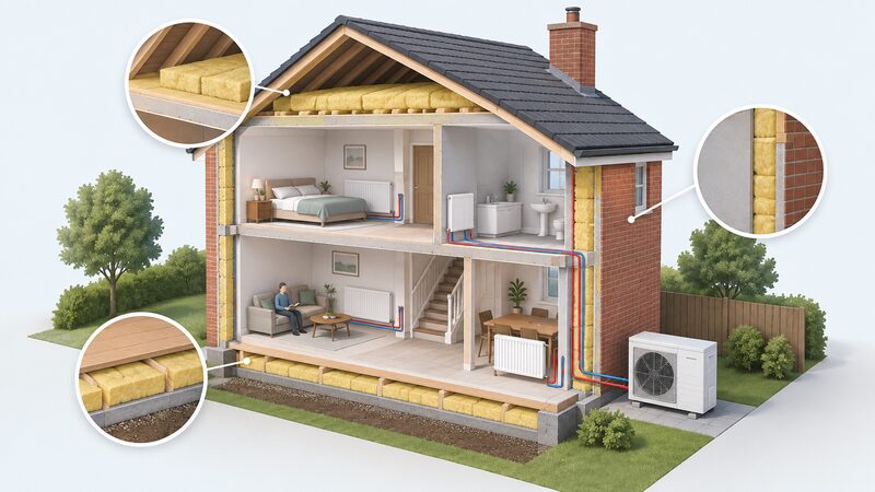 A cutaway diagram of a typical two-storey house showing insulation layers in the loft, walls and floor, with an air source heat pump outside connected to radiators inside, illustrating fabric measures first and the heating upgrade alongside.