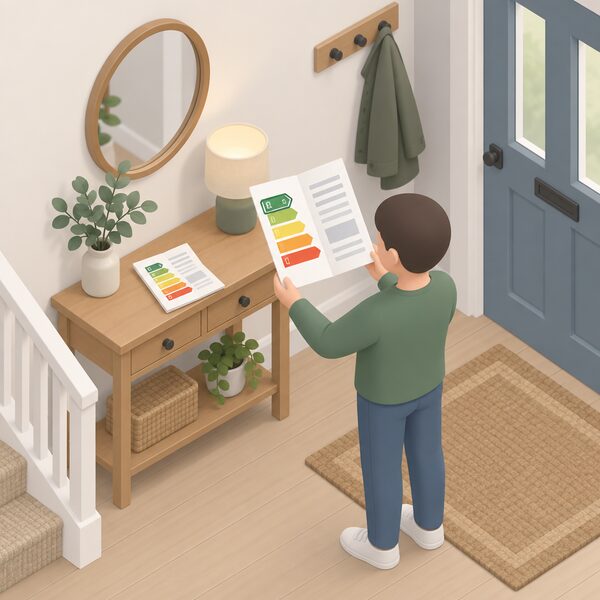 A folded energy performance certificate document lying on a hall table in a home, its front showing a plain colour band chart with one band highlighted, beside a small isometric figure of a homeowner holding the certificate open and looking at it.
