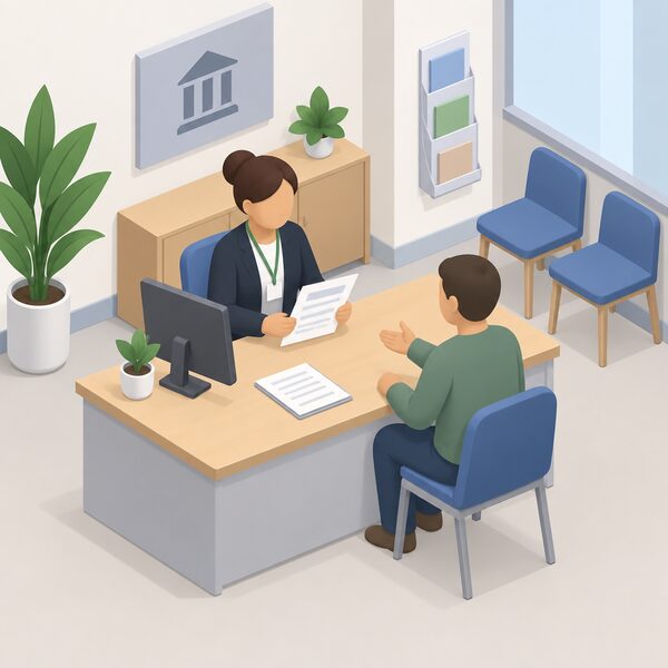 A householder sitting across a desk from a council staff member in a council office reception, with the staff member holding an application form and the householder gesturing as they discuss ECO4 Flex funding.