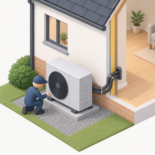 An air source heat pump unit standing outside a house on a level base beside the external wall, with a small simplified installer figure checking it and insulated pipework running from the unit through the wall into the home.