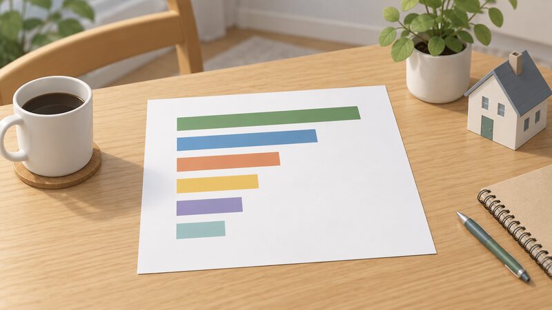 A printed bar chart sheet lying on a table showing six plain horizontal bars of descending length, the longest representing cavity wall insulation and the shortest other insulation, with no numbers or words anywhere on the page.