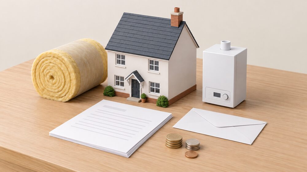 A small model house with a miniature boiler and a roll of loft insulation beside it, standing on a table next to blank application paperwork, a sealed envelope and a few coins representing the bill levy.