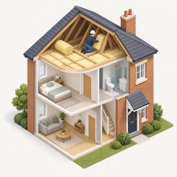 A TrustMark accredited installer in plain work clothing fits insulation into the internal wall or loft space of a domestic house, shown in a simplified isometric cutaway with the installer working inside the home and the house exterior visible around the cutaway.
