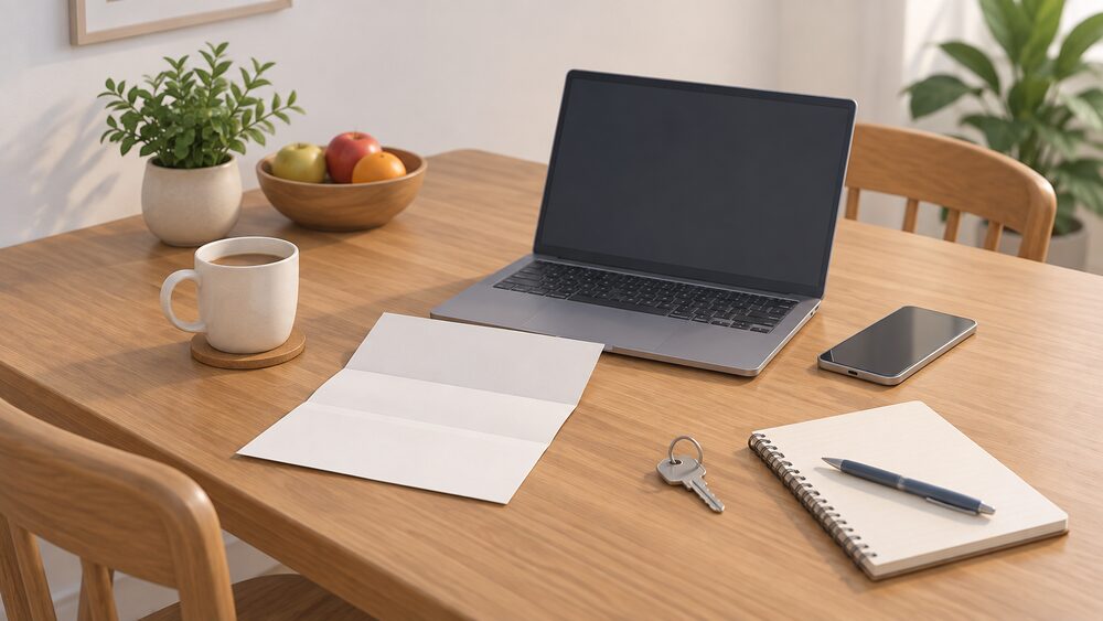 A kitchen table with a blank official-looking letter lying open beside a laptop with a blank screen, a mobile phone face up, a notepad and pen, and a house key, suggesting a household pausing to check a suspicious energy grant approach before agreeing to anything.