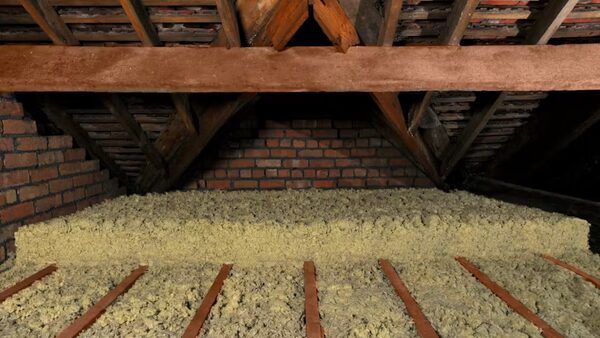 Loft space with mineral wool insulation laid between and over the wooden joists