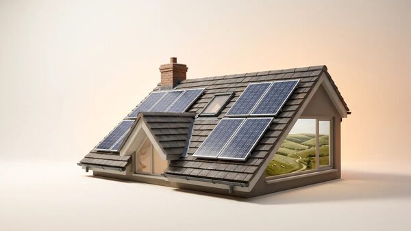 A 3D render of a house roof section fitted with solar panels
