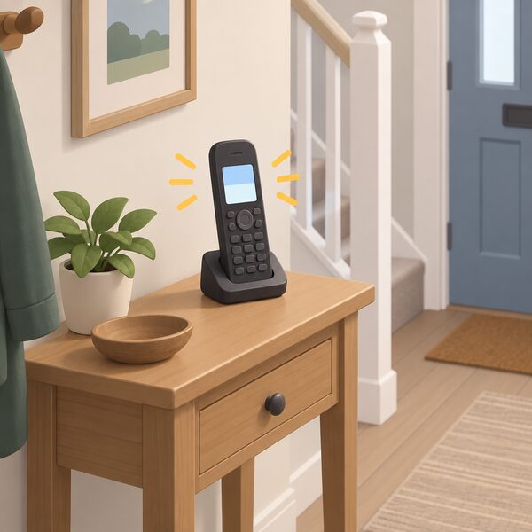 A cordless telephone sitting on a small hall table in a home entrance, its screen lit with plain blank bands suggesting an incoming call, drawn as the tool cold callers use to pressure households into quick decisions.