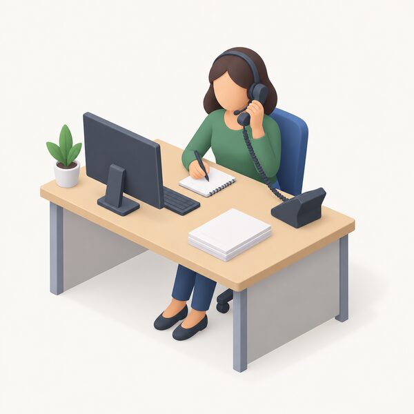 A simplified isometric adviser sits at an office desk wearing a headset, holding a telephone handset to one ear while taking notes on a notepad, with a computer screen and papers on the desk, showing a free telephone energy advice service in progress.