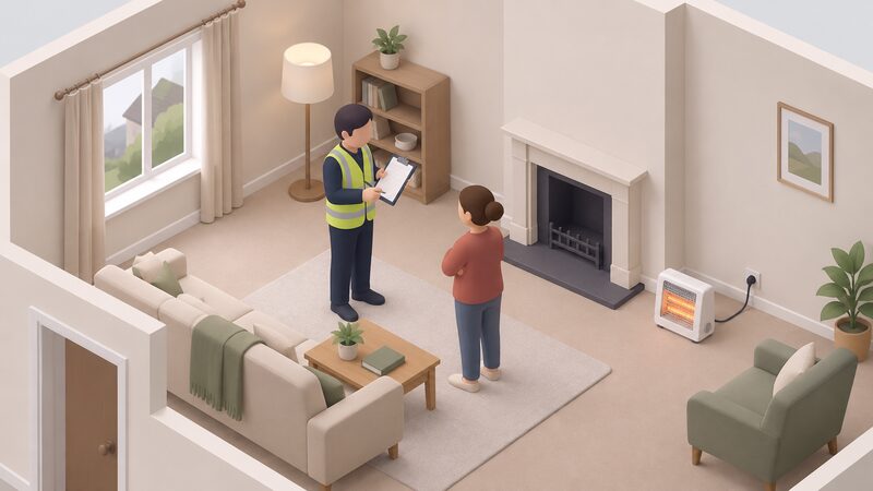 A council energy adviser with a clipboard stands in the living room of a home with no central heating, inspecting the empty walls and cold fireplace while a small portable electric heater sits on the floor during the assessment visit.