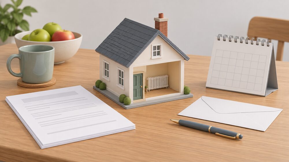 A small model house with a tiny radiator visible through its open front stands on a kitchen table beside blank application paperwork, a waiting-list style envelope, a calendar and a pen, suggesting a household applying for a first-ever central heating grant.
