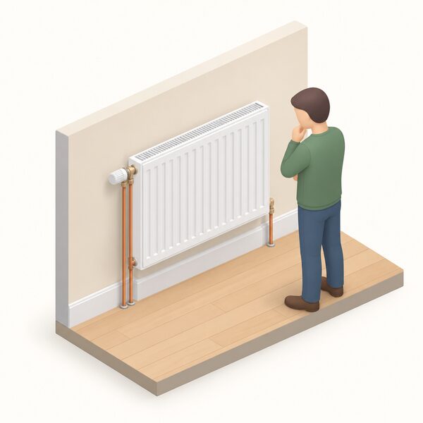 A single white panel radiator mounted on an interior wall of a simply drawn home, connected by small copper flow and return pipes rising from the floor to a valve at one end, with a simplified isometric figure standing beside it inspecting the installation.