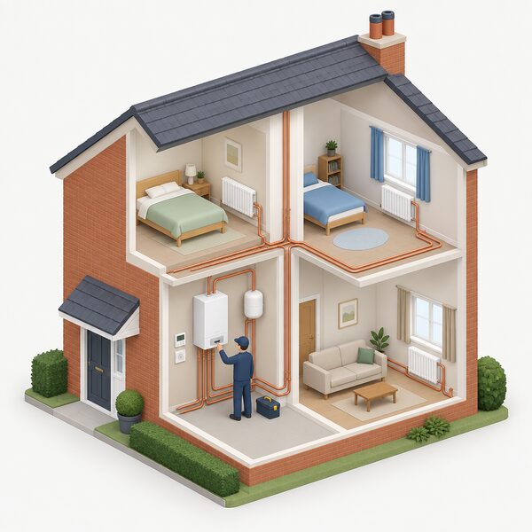 A cutaway view of a modest UK home showing a new wall-mounted condensing boiler connected by pipework to radiators in the rooms above and beside it, with a small isometric figure inspecting the installation.
