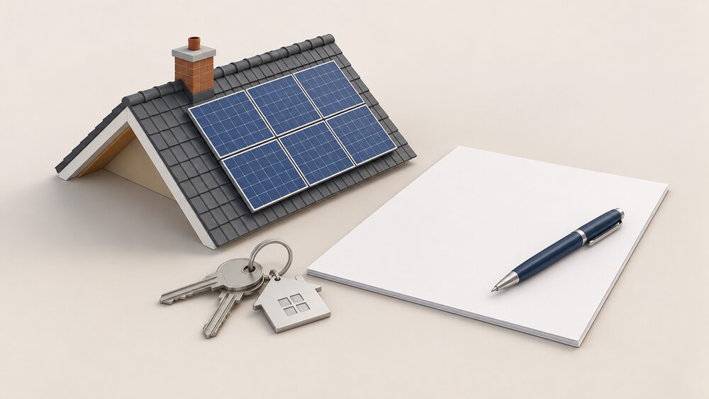 A small model house roof with miniature solar panels on it stands beside a blank contract document, a pen resting on it, and a set of house keys, showing the moment a householder weighs signing away the roof to a third-party-owned solar deal.