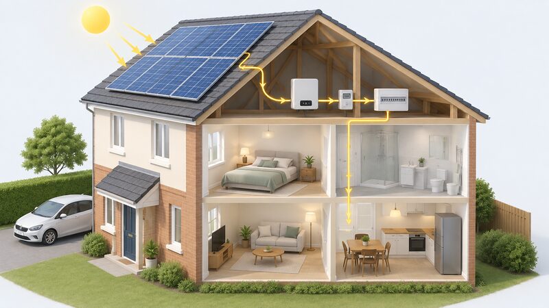 A cutaway view of a house with a company-owned solar panel array on the roof, and inside the loft or airing space the inverter and a generation meter connected between the panels and the household's consumer unit, showing the electricity flowing to the home rather than income to the household.