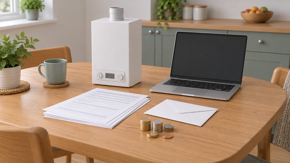 A small model of a gas boiler stands beside blank application forms, a sealed envelope, a handful of coins and a blank-screen laptop on a kitchen table, suggesting a charity adviser helping a household apply for funded energy support.