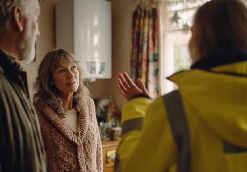 An adviser in a hi-vis jacket talking with an older couple in their home, with a wall-mounted boiler behind them