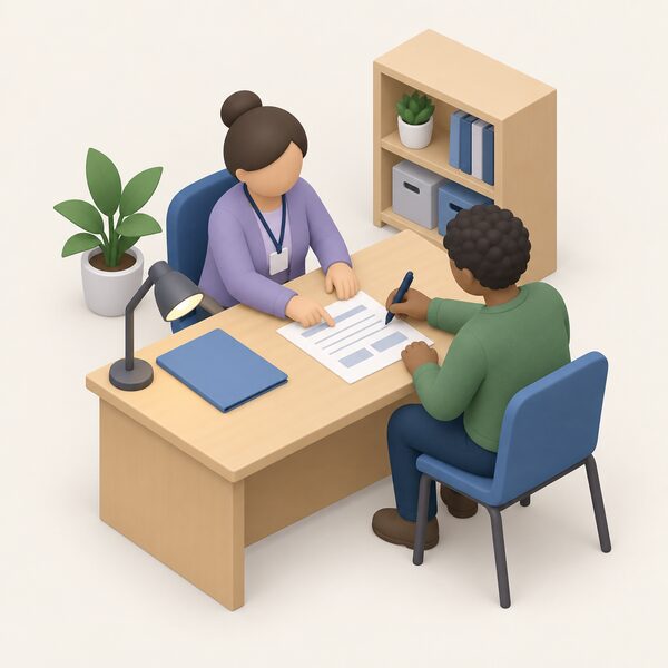 A simplified isometric caseworker sits at a desk beside a household member, guiding their hand over a grant application form laid on the desk, with a pen, a plain folder and a small lamp in an advice-centre setting.