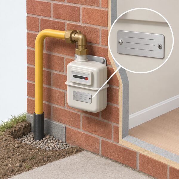 A domestic gas meter installed on the incoming mains gas supply pipe at an external wall of a house, with the meter's serial number plate shown as a small blank metal plate with plain lines, and no person present.